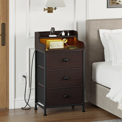 WOWLIVE Nightstand With 3 Drawers & 2-Tier Open Shelf, Bedside Table With LED& 2 USB Ports, Stable Metal Frame