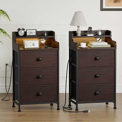 WOWLIVE Nightstand With 3 Drawers & 2-Tier Open Shelf, Bedside Table With LED& 2 USB Ports, Stable Metal Frame