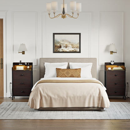 WOWLIVE Nightstand With 3 Drawers & 2-Tier Open Shelf, Bedside Table With LED& 2 USB Ports, Stable Metal Frame