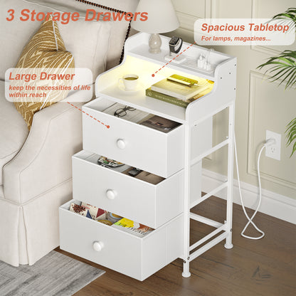 WOWLIVE Nightstand With 3 Drawers & 2-Tier Open Shelf, Bedside Table With LED& 2 USB Ports, Stable Metal Frame