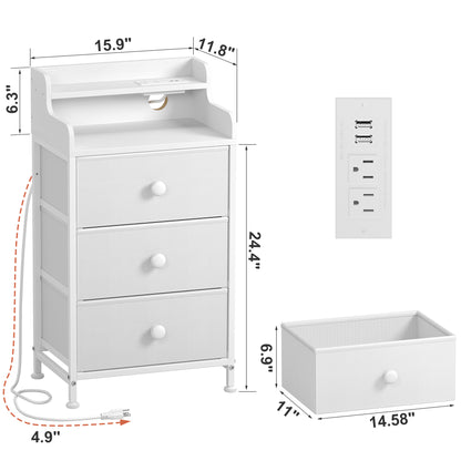 WOWLIVE Nightstand With 3 Drawers & 2-Tier Open Shelf, Bedside Table With LED& 2 USB Ports, Stable Metal Frame