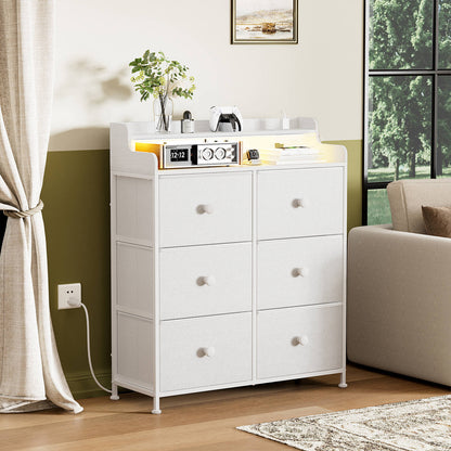 WOWLIVE Dresser for Bedroom with Charging Station and LED Lights, 6 Drawers Dresser TV Stand with Wooden Top, Tall Fabric Chest of Drawer with Sturdy Frame for Closet