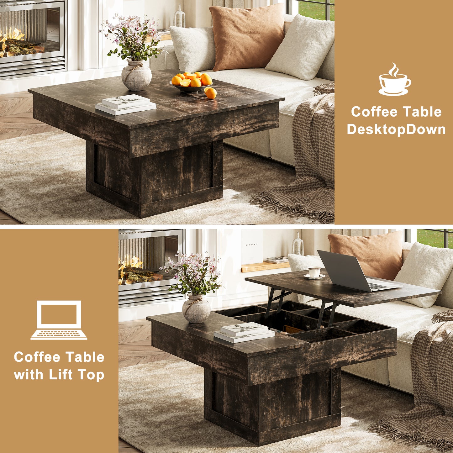 WOWLIVE Lift Top Coffee Table With Hidden Storage & LED light Strip