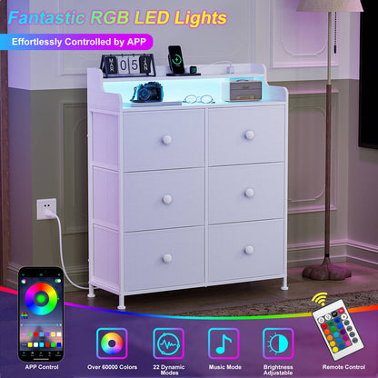 WOWLIVE Dresser for Bedroom with Charging Station and LED Lights, 6 Drawers Dresser TV Stand with Wooden Top, Tall Fabric Chest of Drawer with Sturdy Frame for Closet