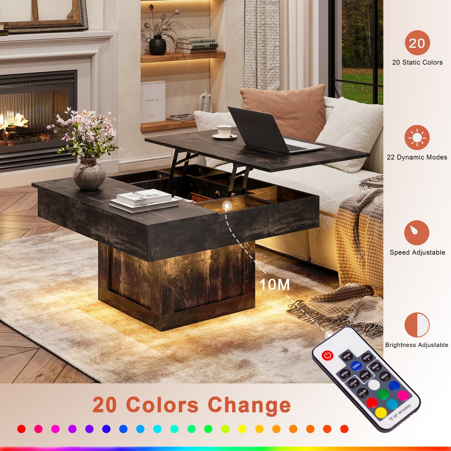 WOWLIVE Lift Top Coffee Table With Hidden Storage & LED light Strip