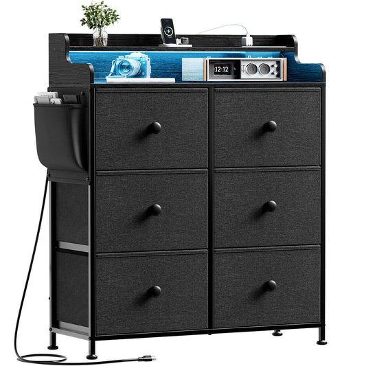 WOWLIVE Dresser for Bedroom with Charging Station and LED Lights, 6 Drawers Dresser TV Stand with Wooden Top, Tall Fabric Chest of Drawer with Sturdy Frame for Closet