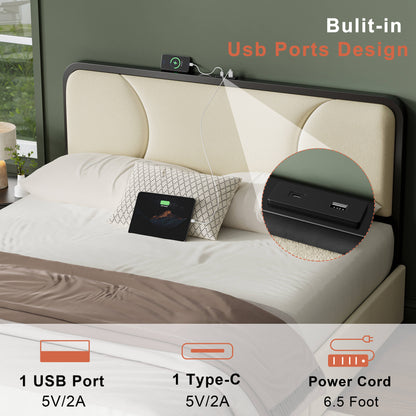 WOWLIVE Full/Queen/King Platform Bed with 2 Storage Drawers, Modern Bed Frame with Charging Station, No Spring Boxing Needed