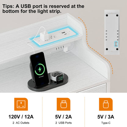 WOWLIVE Dresser for Bedroom with Charging Station and LED Lights, 6 Drawers Dresser TV Stand with Wooden Top, Tall Fabric Chest of Drawer with Sturdy Frame for Closet