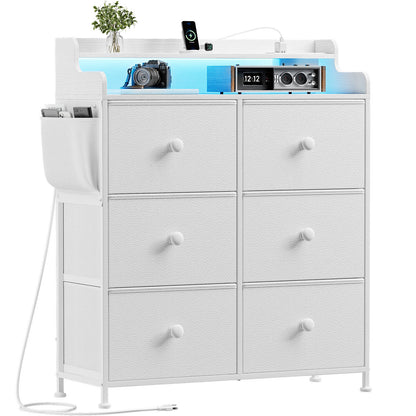WOWLIVE Dresser for Bedroom with Charging Station and LED Lights, 6 Drawers Dresser TV Stand with Wooden Top, Tall Fabric Chest of Drawer with Sturdy Frame for Closet